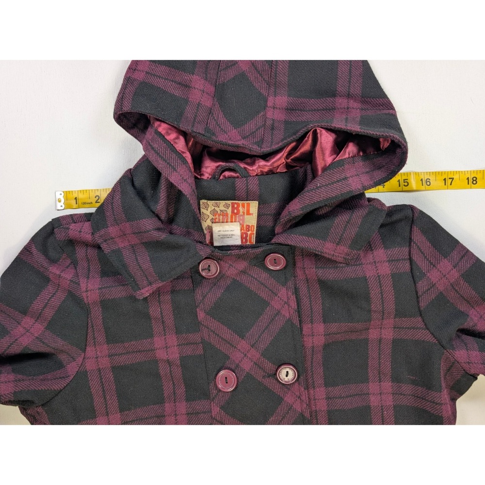 Billabong Womens Plaid Double Breasted Hooded Jacket Burgundy Black Pea Coat L - Picture 4 of 9
